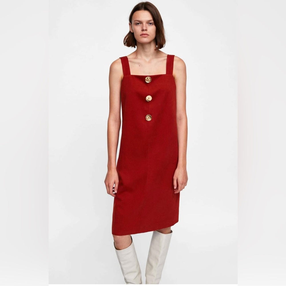 Zara Red Strawberry Wide Strap MIDI Dress w/ Gold Buttons